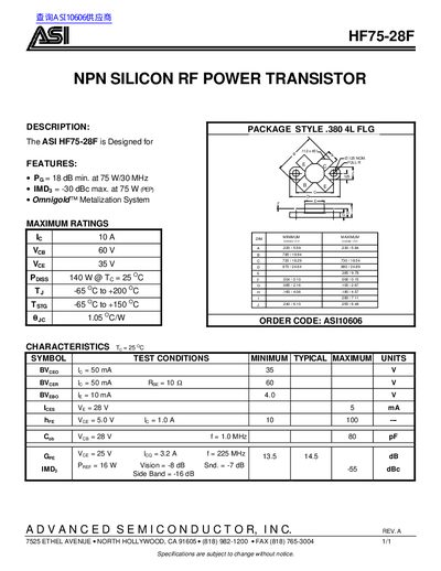 Advanced Semiconductor HF75-28F RF Power Transistor Datasheet - cover page