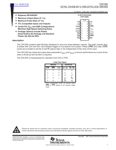 Texas Instruments CDC305 Octal Divide-by-2 Circuit/Clock Driver Datasheet - cover page