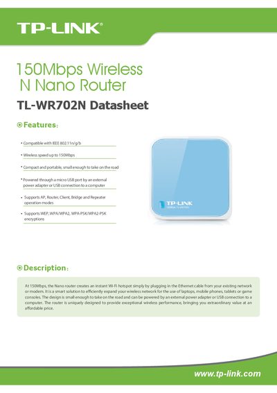TP-Link TL-WR702N Nano Router Datasheet - cover page