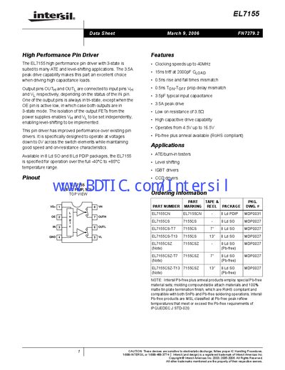 Intersil EL7155 Pin Driver Datasheet - cover page