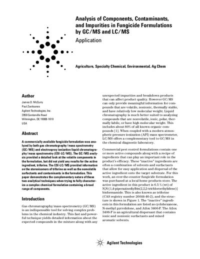 Agilent 5973/1100 Series Analysis of Components, Contaminants, and Impurities in Fungicide Formulations by GC/MS and LC/ - cover page
