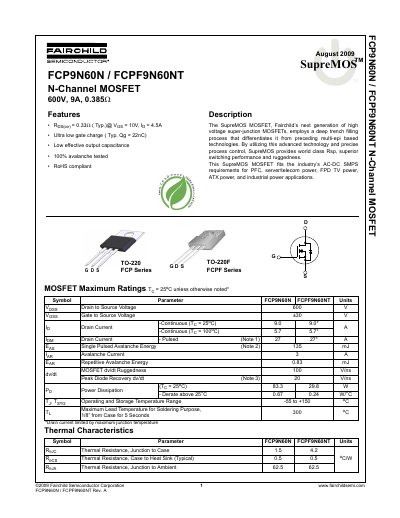 Fairchild FCP9N60N/FCPF9N60NT N-Channel MOSFET Datasheet - cover page