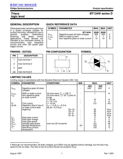 Philips BT134W Series D Logic Level Triac Datasheet - cover page