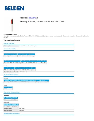 Belden 6300UE Security & Sound Cable Product Data Sheet - cover page