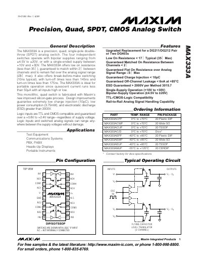 Maxim MAX333A Precision Quad SPDT CMOS Analog Switch Datasheet