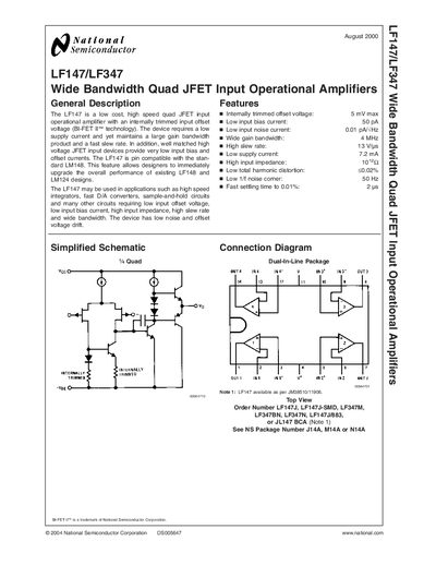 National Semiconductor LF147/LF347 Operational Amplifier Datasheet - cover page
