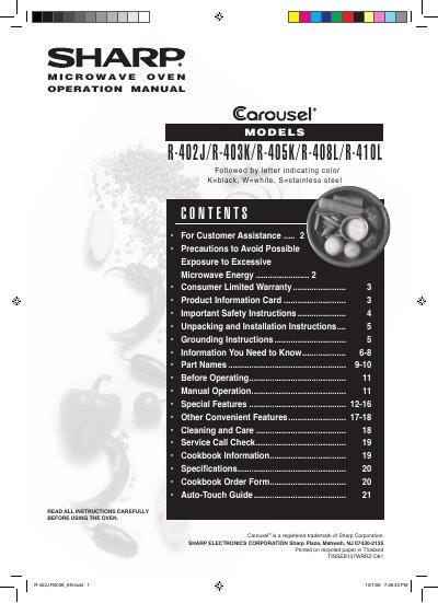 Sharp R-405KS/R-408LS/R-410LK/LW Carousel Microwave Oven Operation Manual