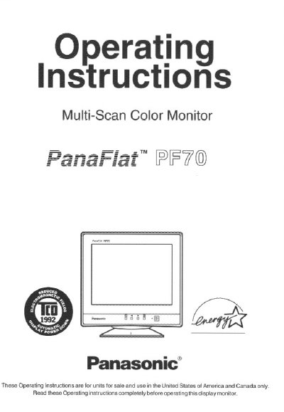 Panasonic PF70 Multi-Scan Color Monitor Operating Instructions - cover page
