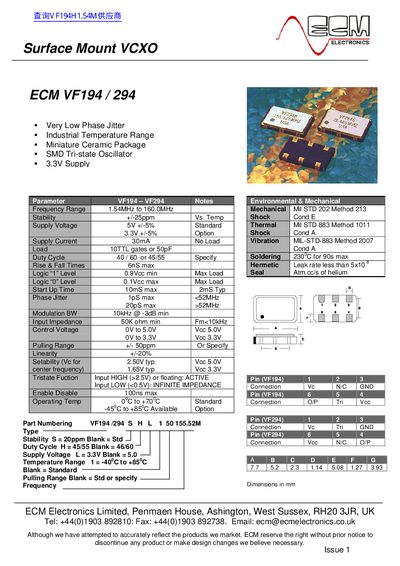 ECM VF194 / VF294 VCXO Datasheet - cover page