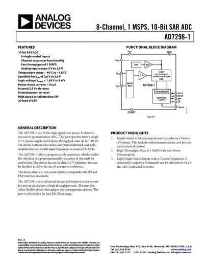 Analog Devices AD7298-1 8-Channel 10‑Bit SAR ADC Product Handbook - cover page