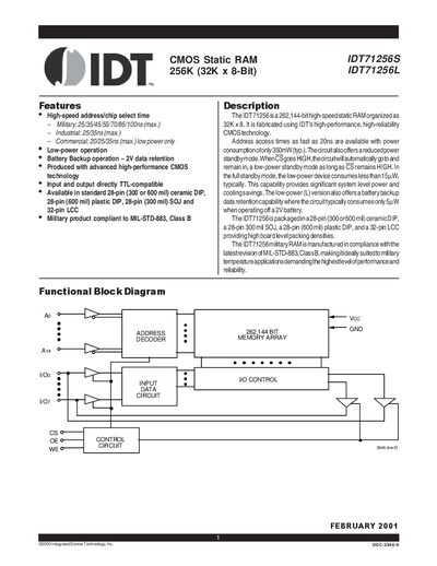INTEGRATED DEVICE TECHNOLOGY IDT71256S IDT71256L CMOS Static RAM 256K (32K x 8-Bit) Manual - cover page