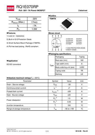 ROHM RQ1E070RP Power MOSFET Datasheet - cover page