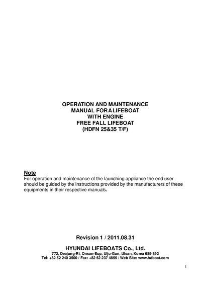 Hyundai HDFN25 T/F & HDFN35 T/F Lifeboat Operation and Maintenance Manual - cover page