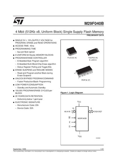 ST M29F040B 4 Mbit (512Kb x8 Uniform Block) Single Supply Flash Memory handbook - cover page