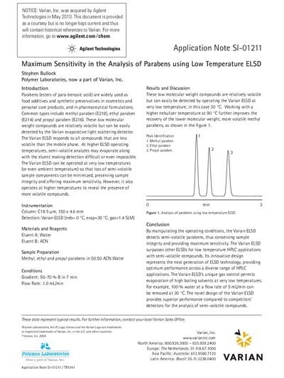 Agilent Application Note SI-01211 Maximum Sensitivity in the Analysis of Parabens using Low Temperature ELSD - cover page