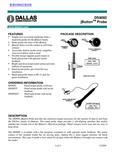 Dallas Semiconductor DS9092 iButton Probe Product Data Sheet - cover page