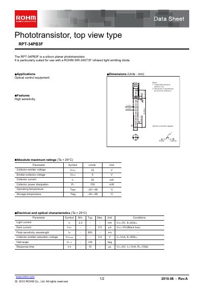 ROHM RPT-34PB3F Phototransistor Datasheet - cover page