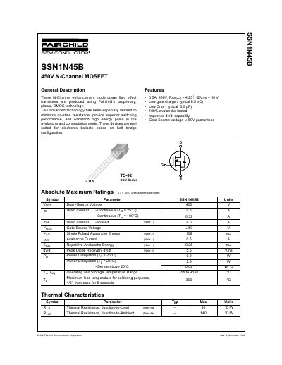 Fairchild Semiconductor SSN1N45B N-Channel MOSFET Datasheet - cover page