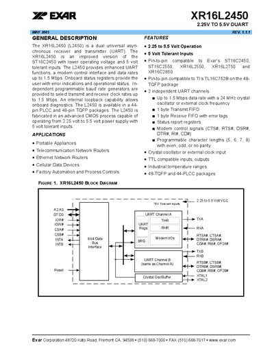 Exar XR16L2450 2.25V to 5.5V DUART Handbook - cover page