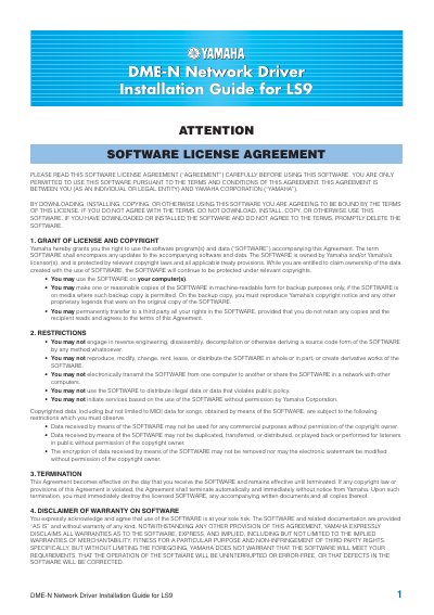 Yamaha LS9 DME-N Network Driver Installation Guide - cover page