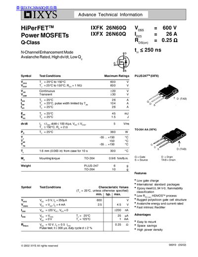 IXYS IXFK 26N60Q/IXFX 26N60Q Advance Technical Information