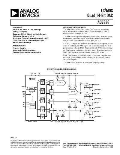 Analog Devices AD7836 Quad 14‑Bit DAC Product Handbook - cover page