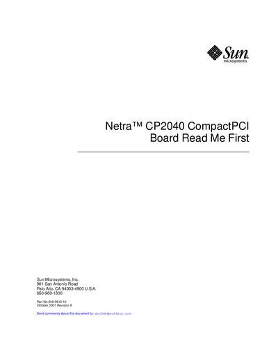 Sun Microsystems Netra CP2040 CompactPCI Board Read Me First Manual - cover page