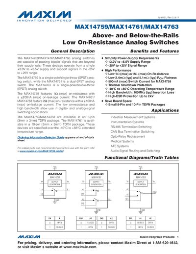 Maxim Integrated MAX14759/MAX14761/MAX14763 Low On-Resistance Analog Switches Datasheet - cover page