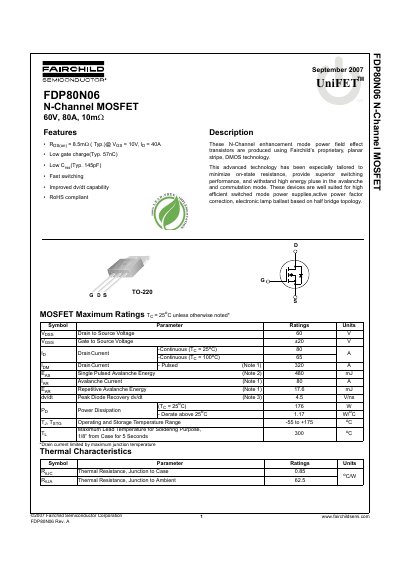 Fairchild FDP80N06 N-Channel MOSFET Datasheet - cover page