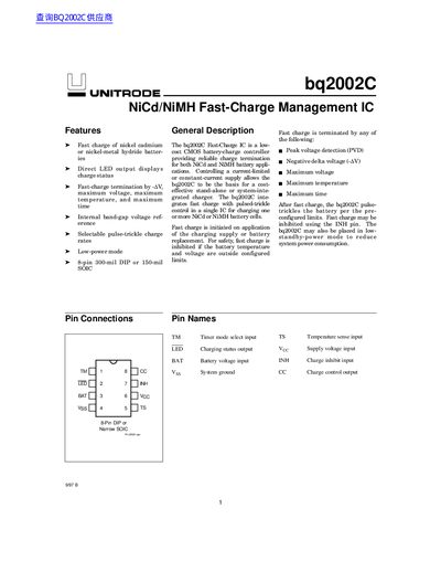 Texas Instruments bq2002C Fast-Charge Management IC Datasheet - cover page