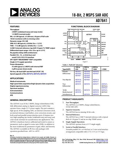 Analog Devices AD7641 18‑Bit 2 MSPS SAR ADC Datasheet - cover page