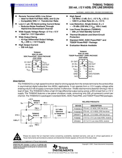 TEXAS INSTRUMENTS THS6042 THS6043 350 mA &plusmn;12 V ADSL CPE LINE DRIVERS - cover page