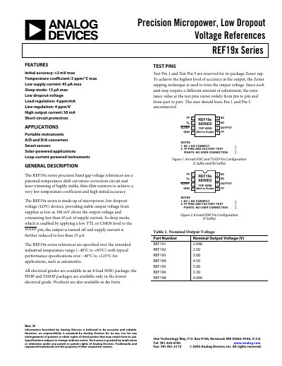 Analog Devices REF19x Series Precision Micropower Low Dropout Voltage References Datasheet - cover page