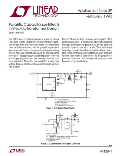 Linear Technology AN39-1 Parasitic Capacitance Effects in Step-Up Transformer Design Application Note - cover page