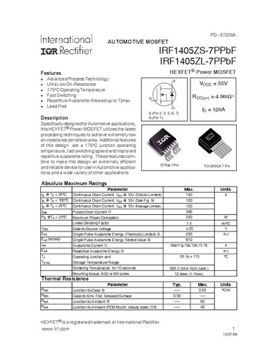 lnternational IOR Rectifier IRF1405ZS-7PPbF IRF1405ZL-7PPbF Data Sheet - cover page