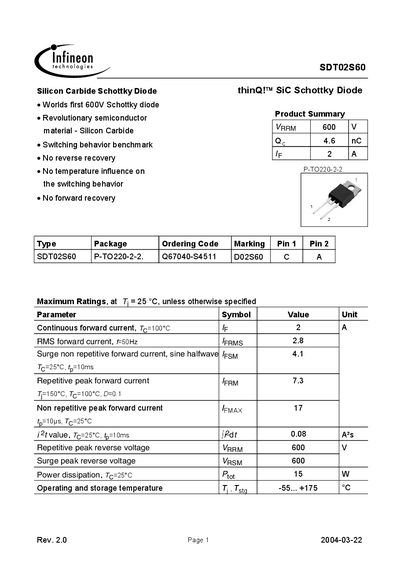 Infineon SDT02S60 Silicon Carbide Schottky Diode Datasheet - cover page