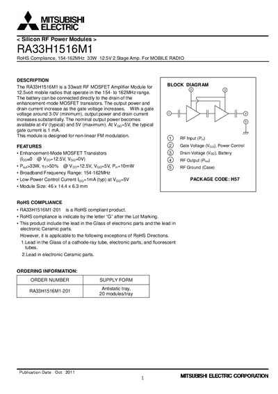 Mitsubishi Electric RA33H1516M1 RF Power Module Datasheet - cover page