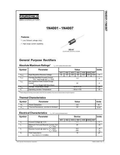 Fairchild 1N4001-1N4007 Datasheet - cover page