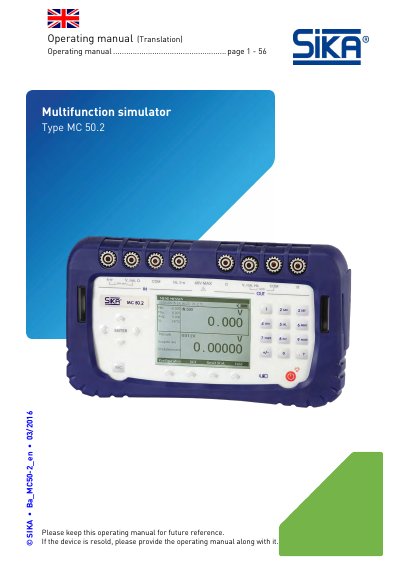 SIKA MC 50.2 Multifunction Simulator Operating Manual - cover page