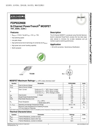 Fairchild FDP032N08 N-Channel PowerTrench MOSFET Datasheet - cover page