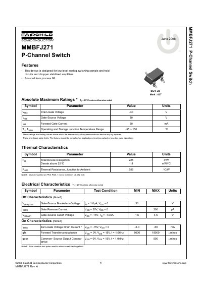 Fairchild Semiconductor MMBFJ271 P-Channel Switch Datasheet - cover page