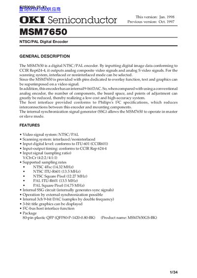 OKI Semiconductor MSM7650 NTSC/PAL Digital Encoder Datasheet - cover page