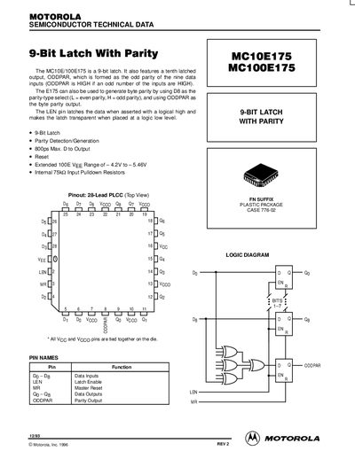 Motorola MC10E175/MC100E175 9-Bit Latch Datasheet - cover page