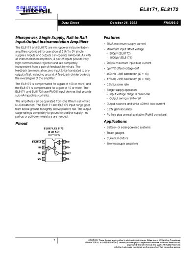 Intersil EL8171/EL8172 Micropower Instrumentation Amplifier Datasheet - cover page