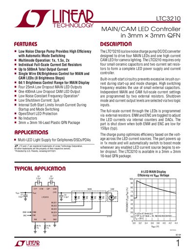 Linear Technology LTC3210 MAIN/CAM LED Controller 3mm × 3mm QFN Datasheet