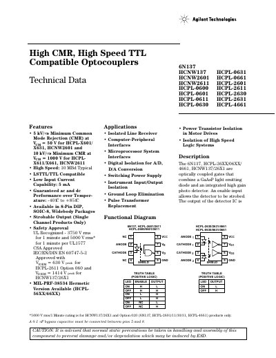 Agilent Technologies 6N137/HCNW137/HCNW2601/HCNW2611/HCPL-0600/HCPL-0601/HCPL-0611/HCPL-0630/HCPL-0631/HCPL-0661/HCPL-2601/HCPL-2611/HCPL-2630/HCPL-2631/HCPL-4661 handbook - cover page