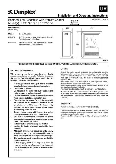 Dimplex LEE 20RC / LEE 20RCA Installation and Operating Instructions - cover page