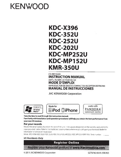 Kenwood CD-Receiver User Manual (KDC-X396, KDC-352U, KDC-252U, KDC-202U, KDC-MP252U, KDC-MP152U, KMR-350U) - cover page