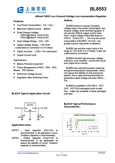 Shanghai Belling BL8553 400mA CMOS Low Dropout Voltage Regulator Datasheet - cover page