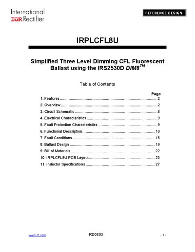 international IOR rectifier IRPLCFL8U Simplified Three Level Dimming CFL Fluorescent Ballast using the IRS2530D DIM8  - cover page
